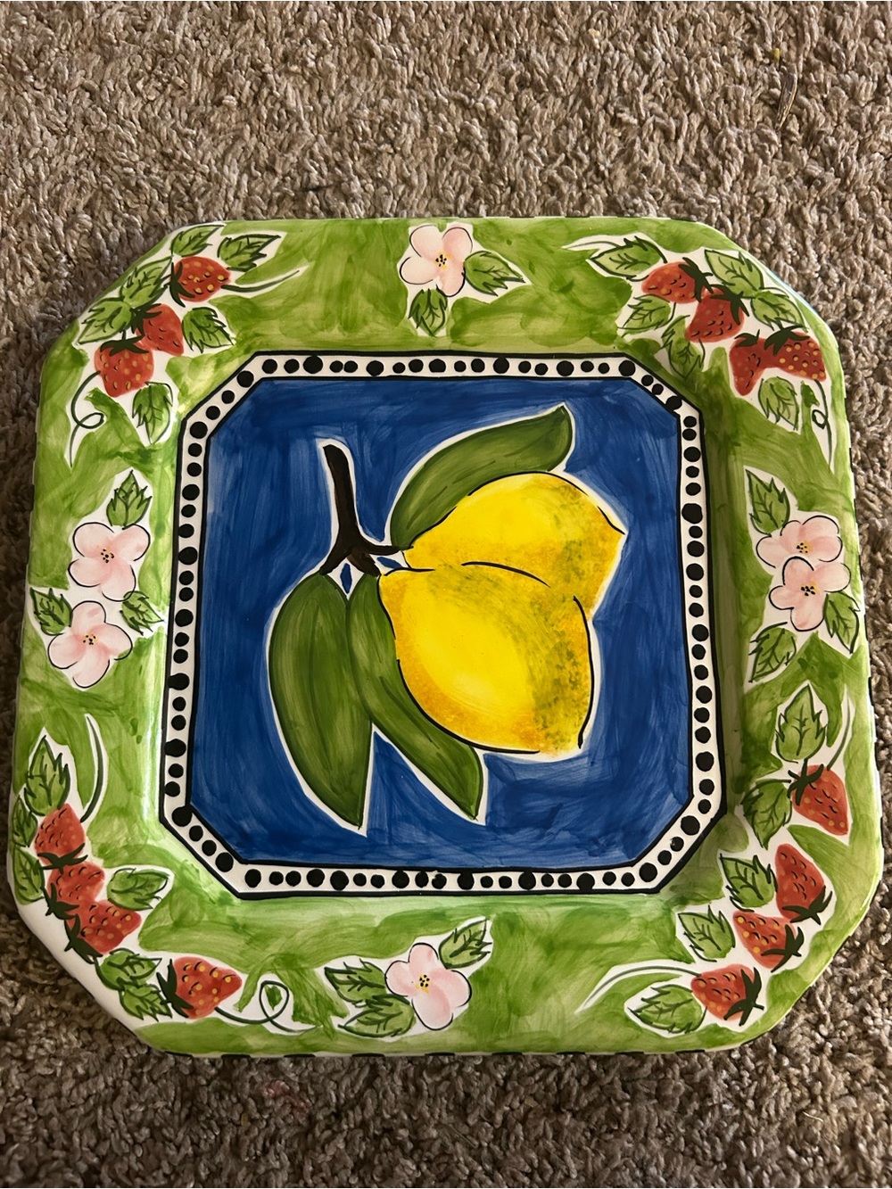 S Purifoy 2000 cbk ltd Hand-Painted Lemon Ceramic Serving Platter - Green & Blue